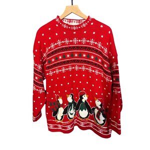 Vintage Nutcracker Red Christmas Sweater L Snowflakes & Penguin Design